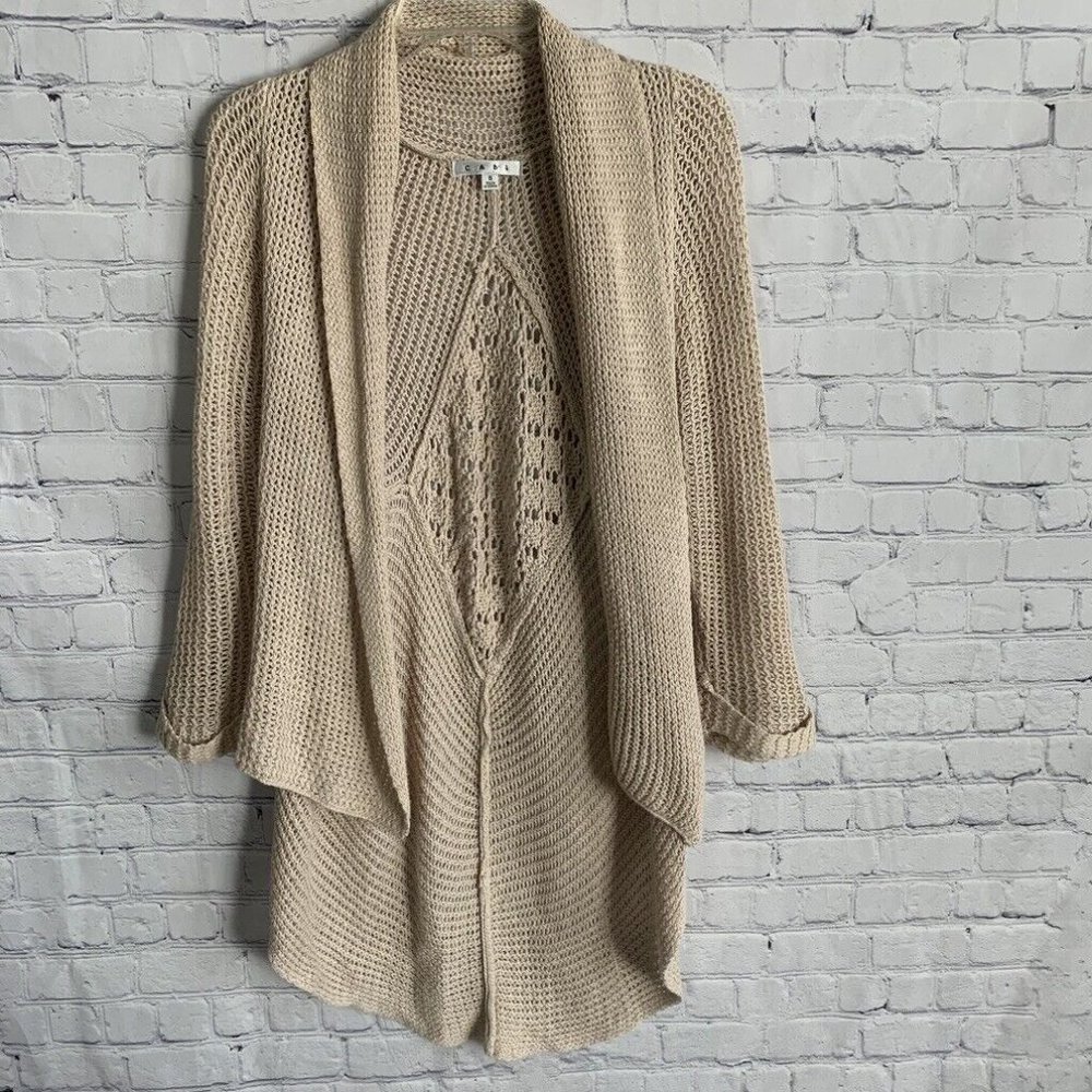Cabi Womens Crochet Waterfall Cardigan Size Small Linen Blend Ivory Teachers Pet